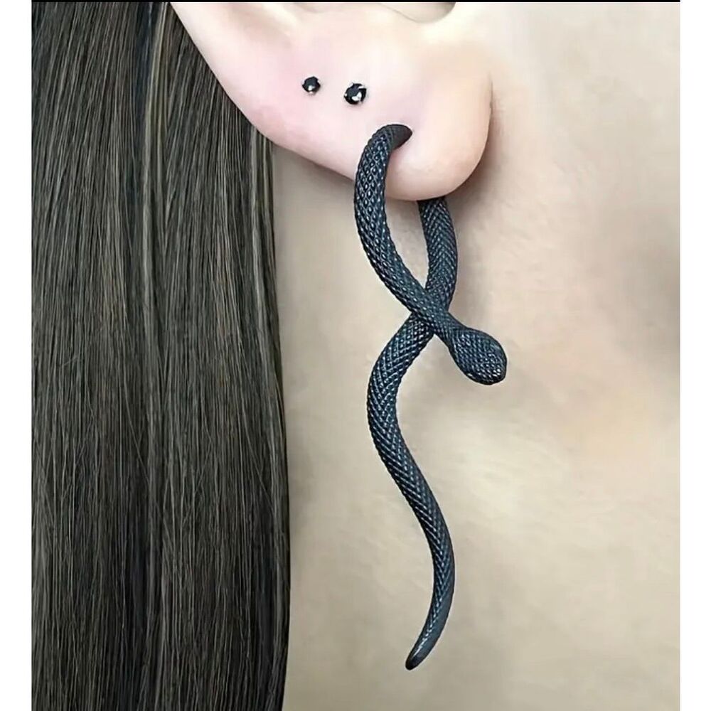 NWT Black Stainless Steel 3D Textured Snake Ear Jacket Dangle Stud Earrings